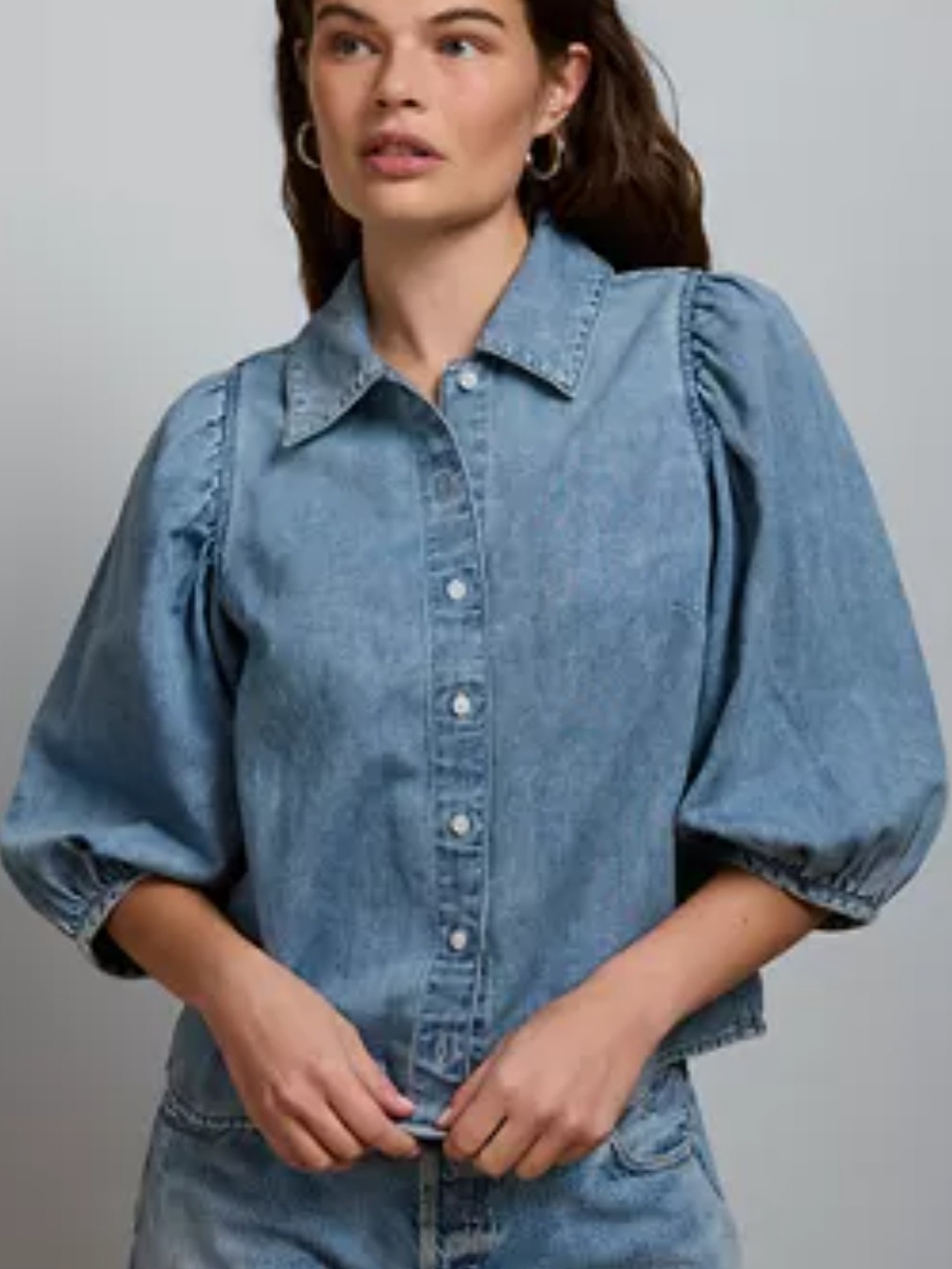 American Eagle Denim Puff-Sleeve Button-Up Top - Stone Wash